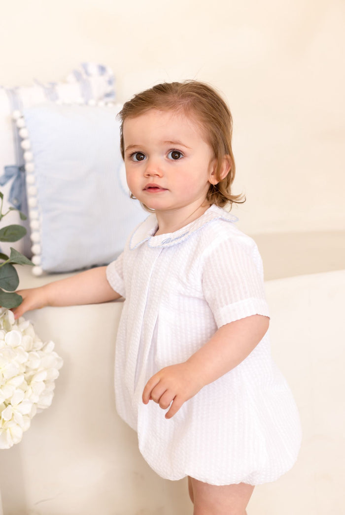 Boys Personalised Seersucker Short Sleeve Romper Trimmed With Blue
