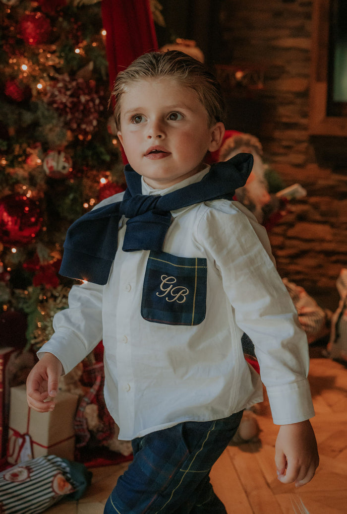 Boys Personalised Shirt and Royal Navy Tartan Trouser Set