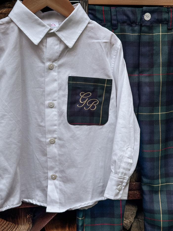 Boys Personalised Shirt and Royal Navy Tartan Trouser Set