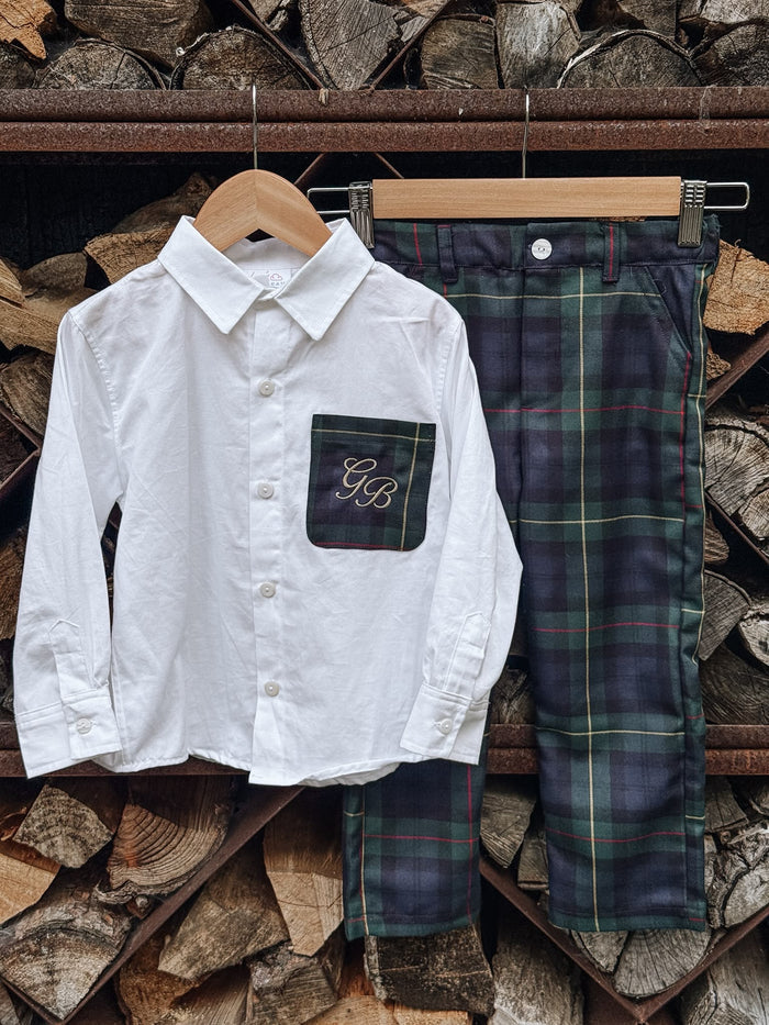 Boys Personalised Shirt and Royal Navy Tartan Trouser Set