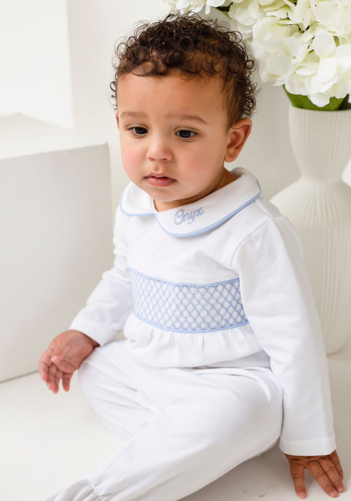 Boys Personalised Smocked baby grow - White trimmed with Blue