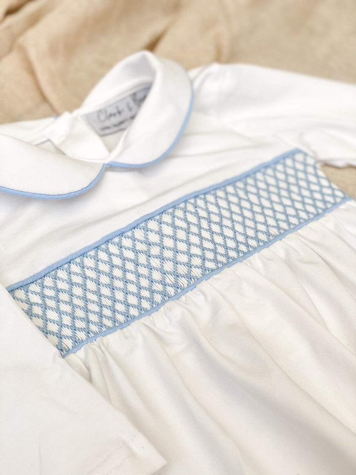 Boys Personalised Smocked baby grow - White trimmed with Blue