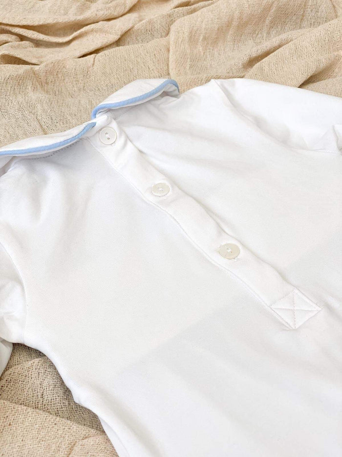 Boys Personalised Smocked baby grow - White trimmed with Blue