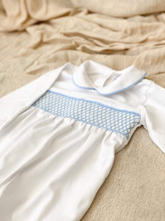 Boys Personalised Smocked baby grow - White trimmed with Blue