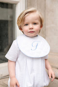 Boys Personalised White Seersucker Quilted Bib Trimmed With Blue