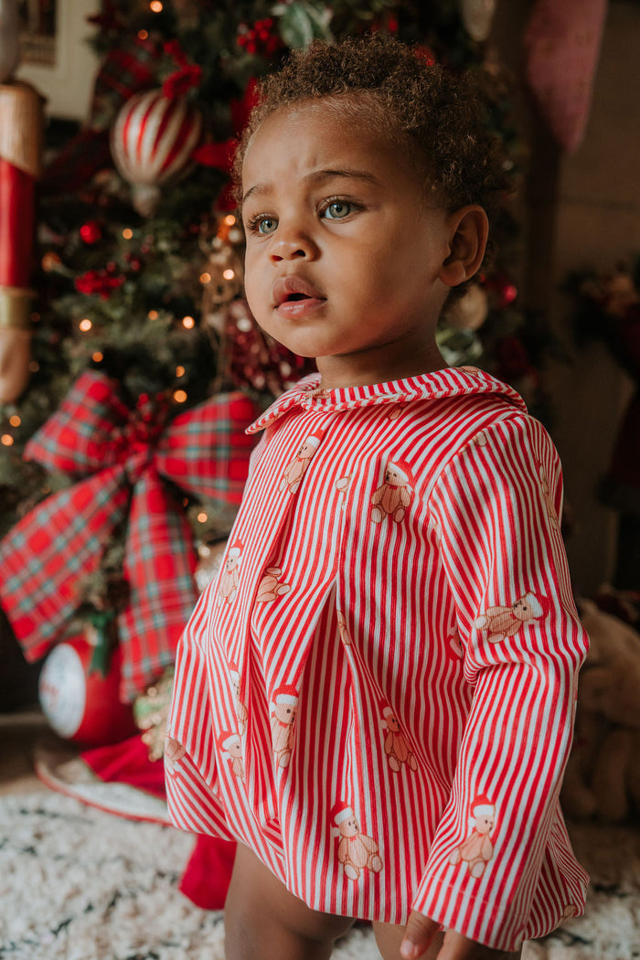 Boys Red Teddy Bear Stripe Cord Romper