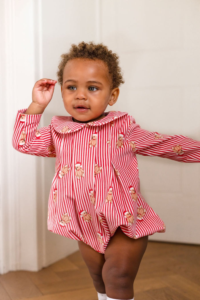Boys Red Teddy Bear Stripe Cord Romper