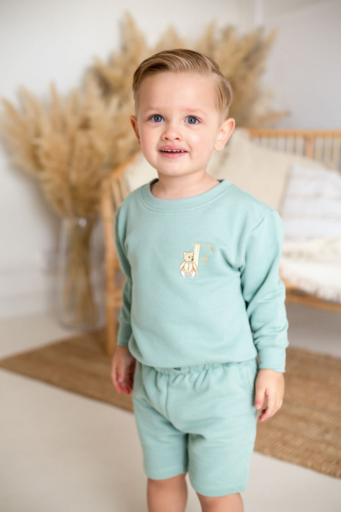 Boys Sage Personalised Teddy Sweater and Short Set