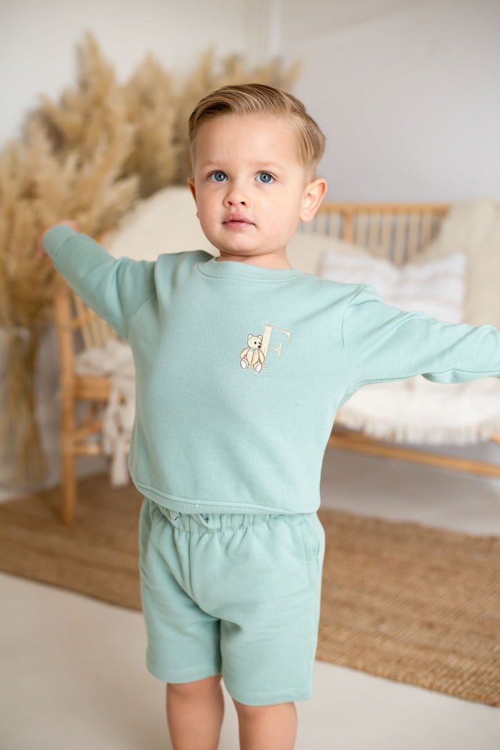 Boys Sage Personalised Teddy Sweater and Short Set