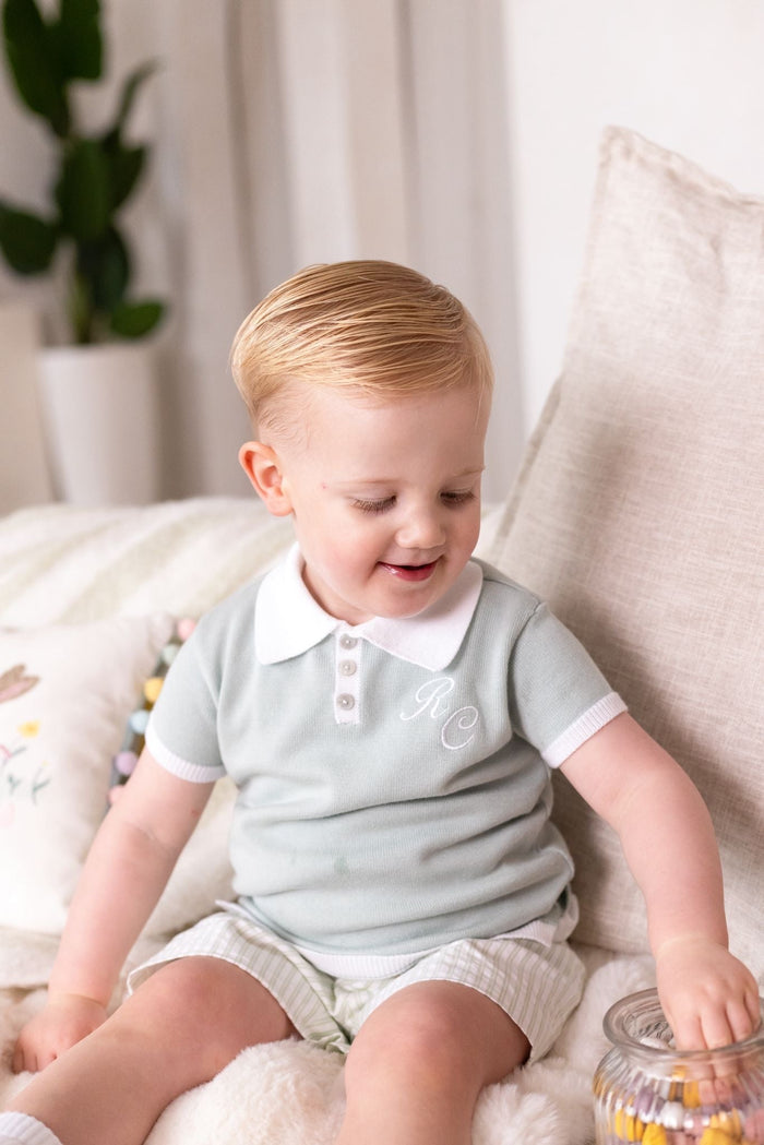 Boys Sage Polo and Stripe Short Set