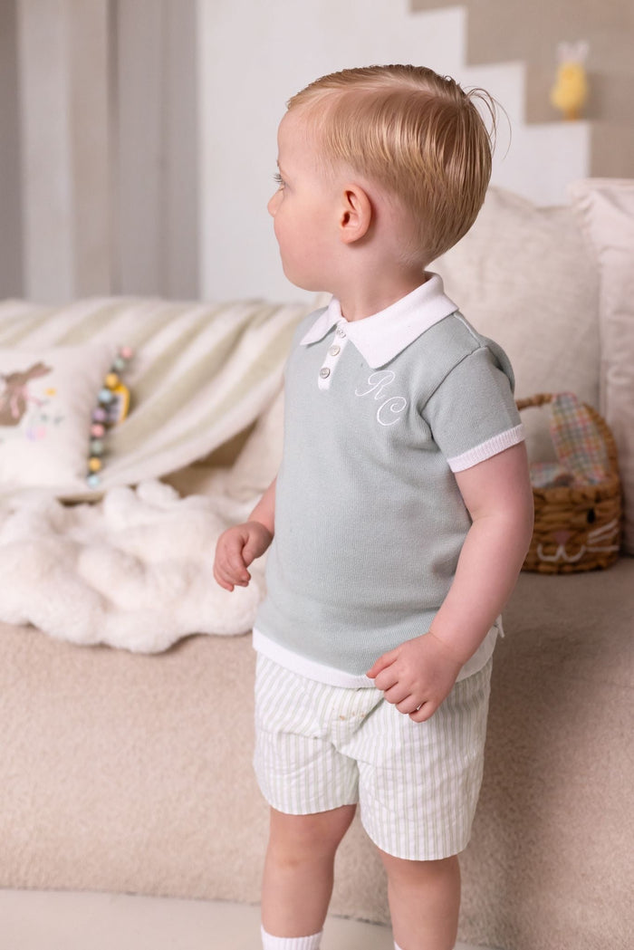 Boys Sage Polo and Stripe Short Set