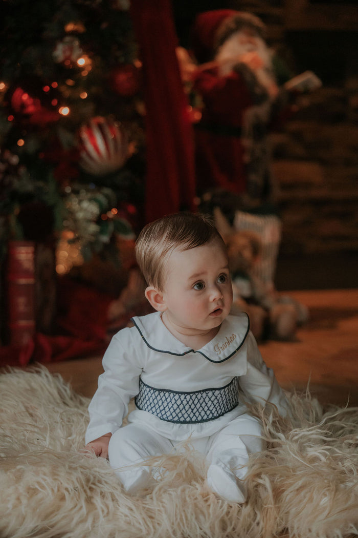 Boys White Personalised Smocked Babygrow Trimmed With Royal Navy Tartan