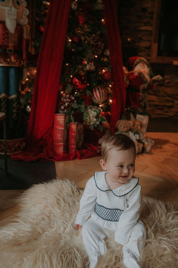 Boys White Personalised Smocked Babygrow Trimmed With Royal Navy Tartan