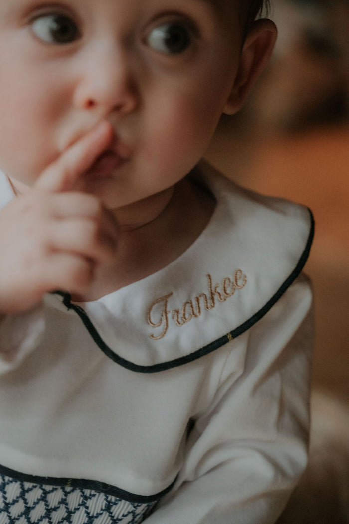 Boys White Personalised Smocked Babygrow Trimmed With Royal Navy Tartan