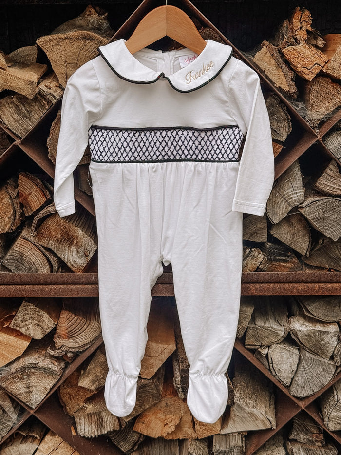 Boys White Personalised Smocked Babygrow Trimmed With Royal Navy Tartan