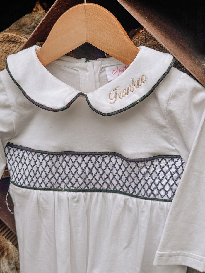 Boys White Personalised Smocked Babygrow Trimmed With Royal Navy Tartan