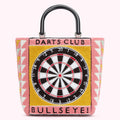 Pink and mustard yellow tote bag with a dartboard design, black handle; text reads "Darts Club" and "Bullseye!"