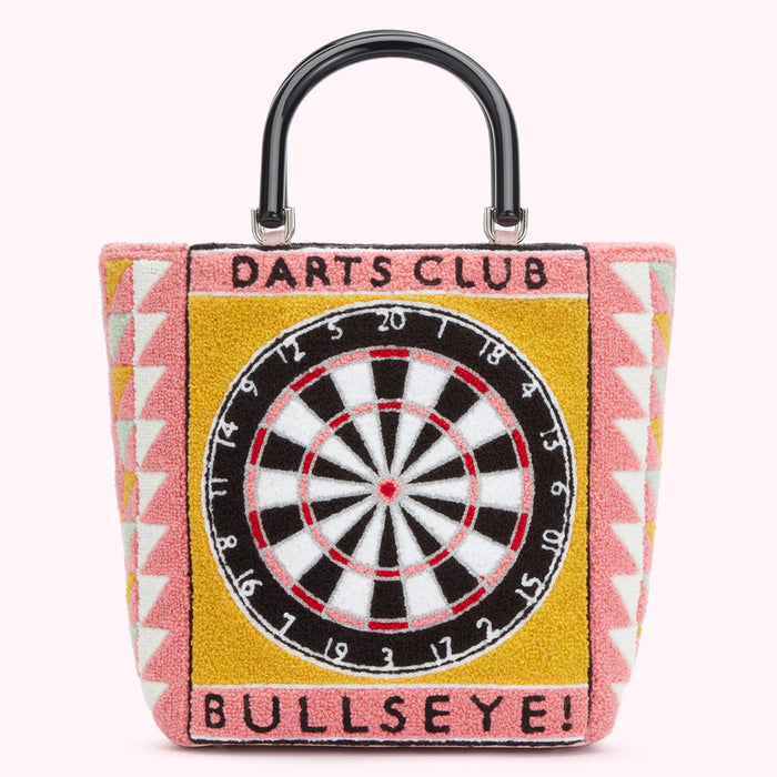 Pink and mustard yellow tote bag with a dartboard design, black handle; text reads "Darts Club" and "Bullseye!"