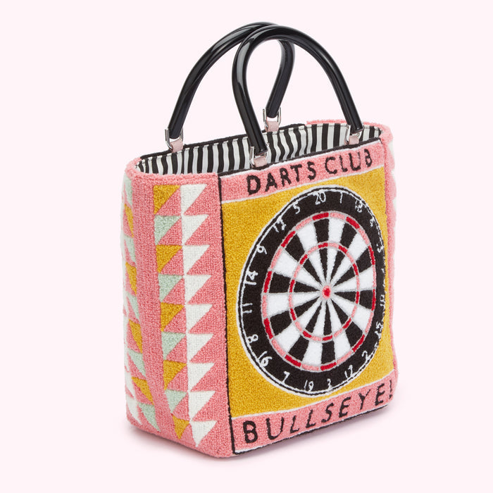 Pink and yellow tote bag with an embroidered dartboard and the words "Darts Club" and "Bullseye!".