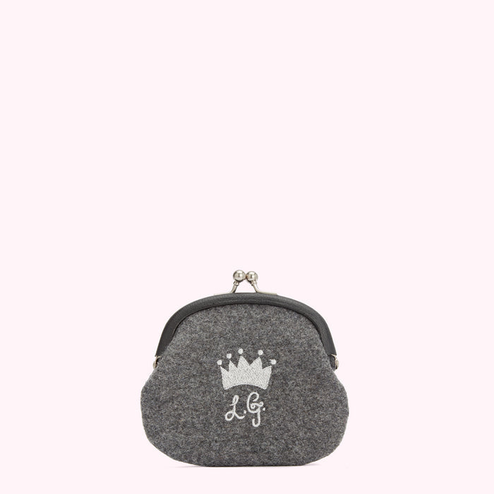 Grey felt coin purse with a silver crown and initials LG.