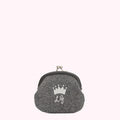 Grey felt coin purse with a silver crown and initials LG.
