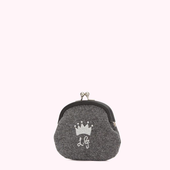 Grey felt coin purse with a silver crown and initials LG.