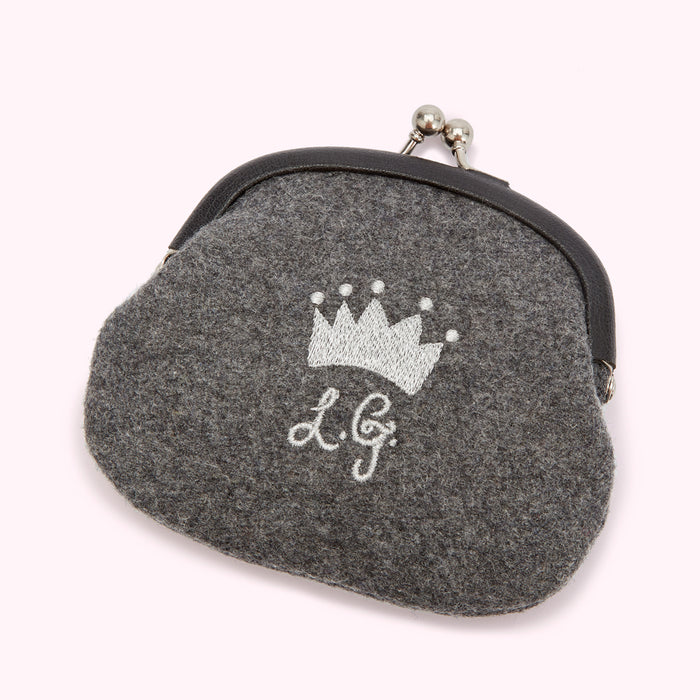 Grey felt coin purse with an embroidered crown and initials.