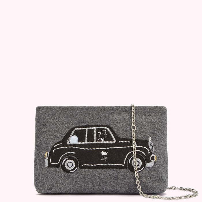 Grey felt clutch with embroidered black cab design and silver chain strap.