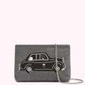 Grey felt clutch with embroidered black cab design and silver chain strap.
