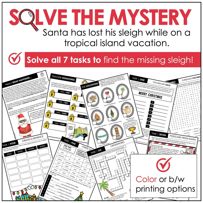 Christmas Escape Room - Vocabulary - Comprehension - Parts of Speech - ELL / ESL - Hot Chocolate Teachables