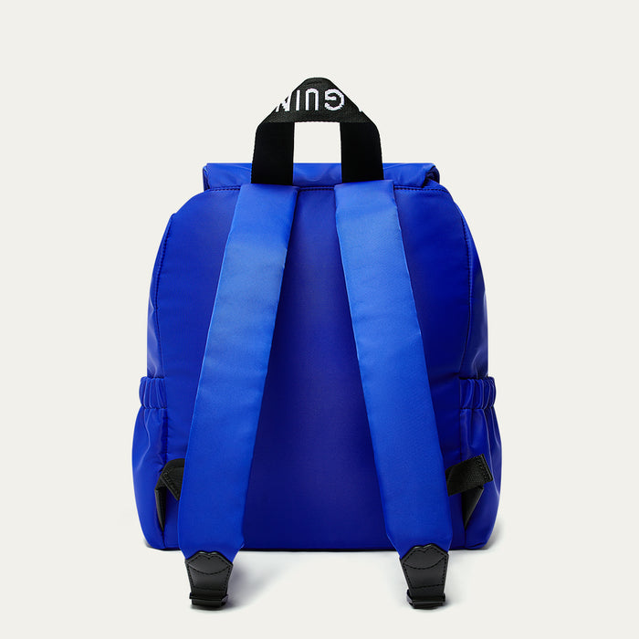 Back image of a cobalt blue backpack with black straps on a white background