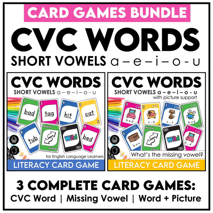 CVC Short Vowel Card Games Bundle – UNO-Style Literacy Games for A, E, I, O, U - Hot Chocolate Teachables
