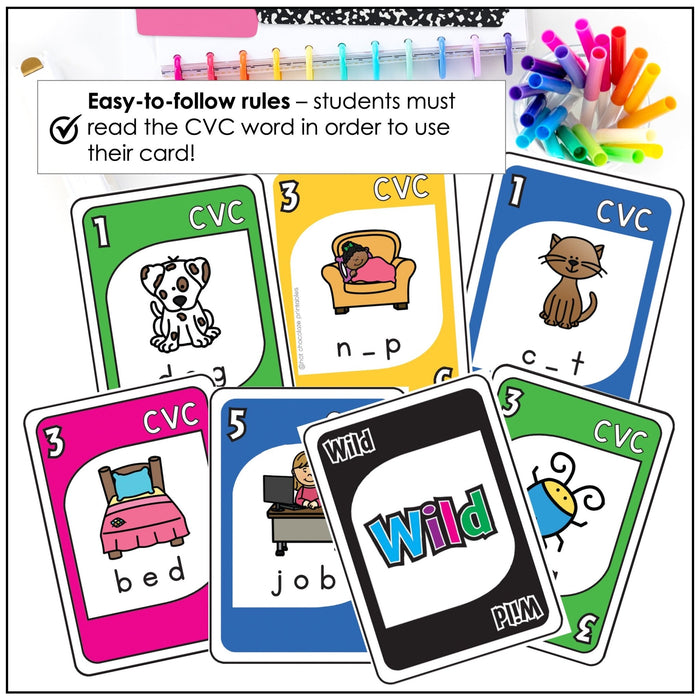 CVC Short Vowel Card Games Bundle – UNO-Style Literacy Games for A, E, I, O, U - Hot Chocolate Teachables