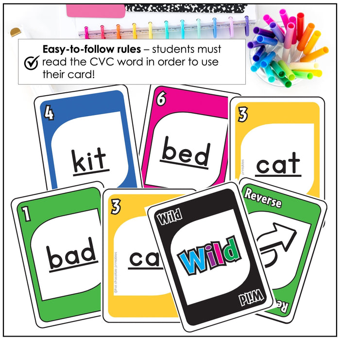 CVC Short Vowel Card Games Bundle – UNO-Style Literacy Games for A, E, I, O, U - Hot Chocolate Teachables