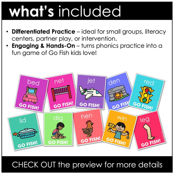 CVC Word Game Bundle – Go Fish Literacy Card Games for Short Vowels A, E, I, O, U - Hot Chocolate Teachables