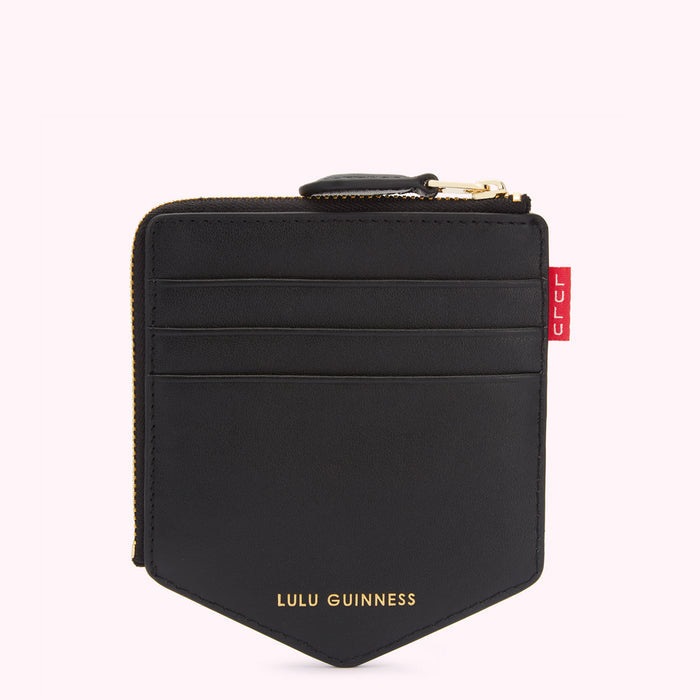Black Lulu Guinness zip-around cardholder with gold zipper and red label.