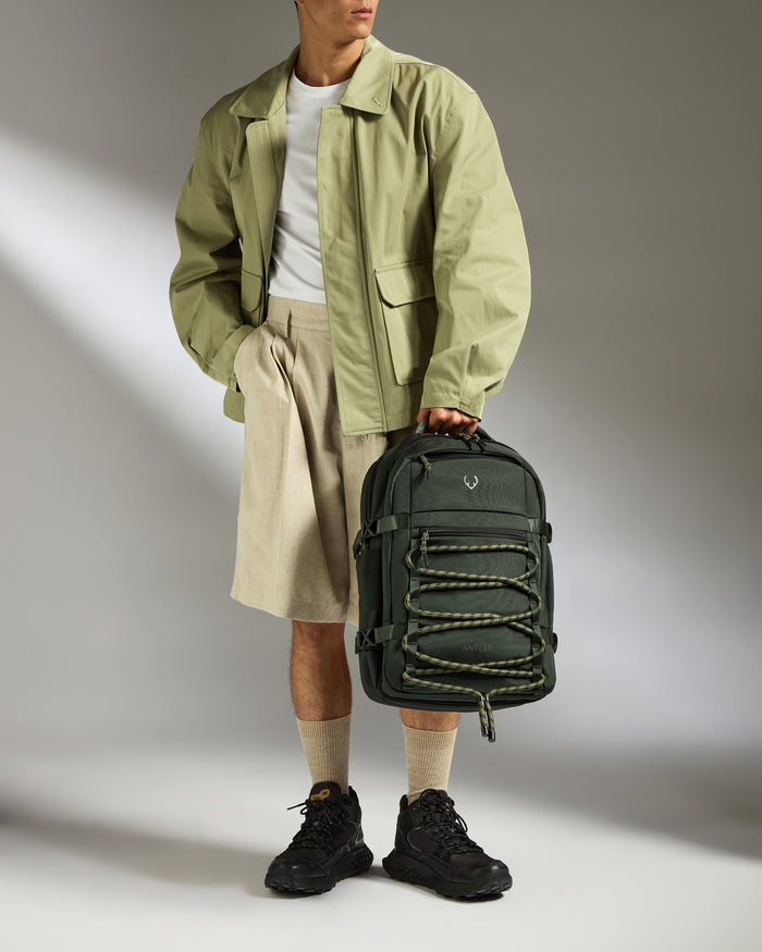 a man holding a backpack
