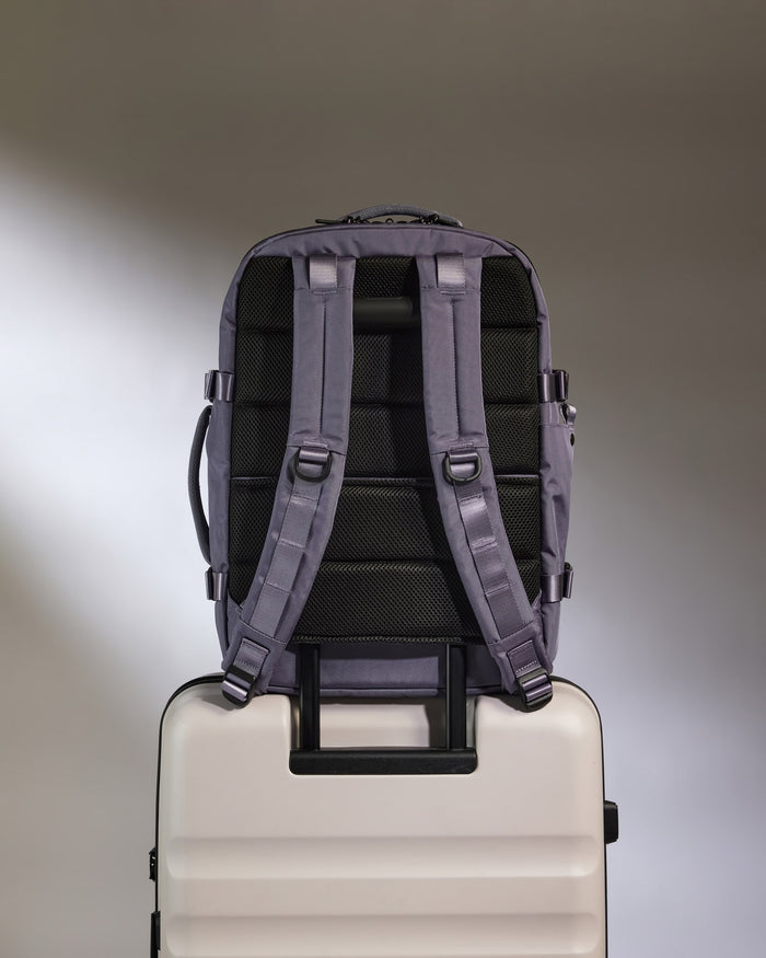 a backpack on top of a suitcase