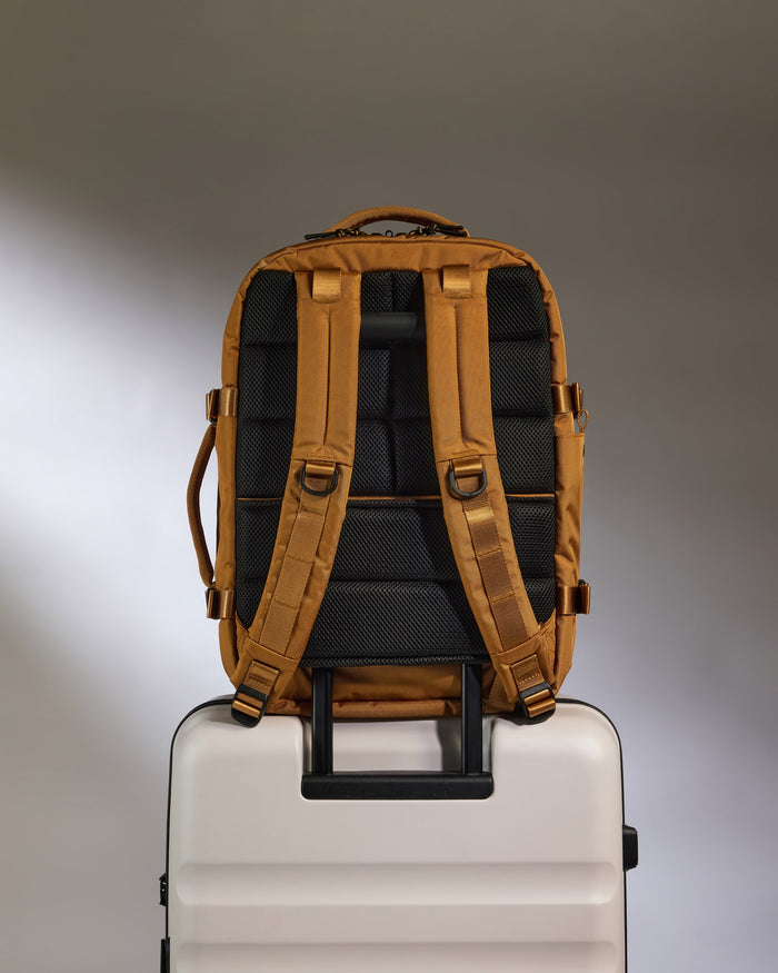 a backpack on top of a suitcase