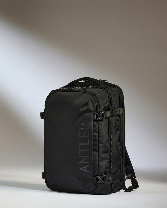 a black backpack with straps