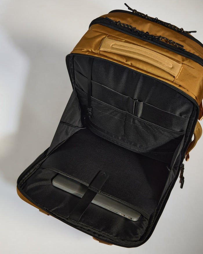 a black and gold backpack