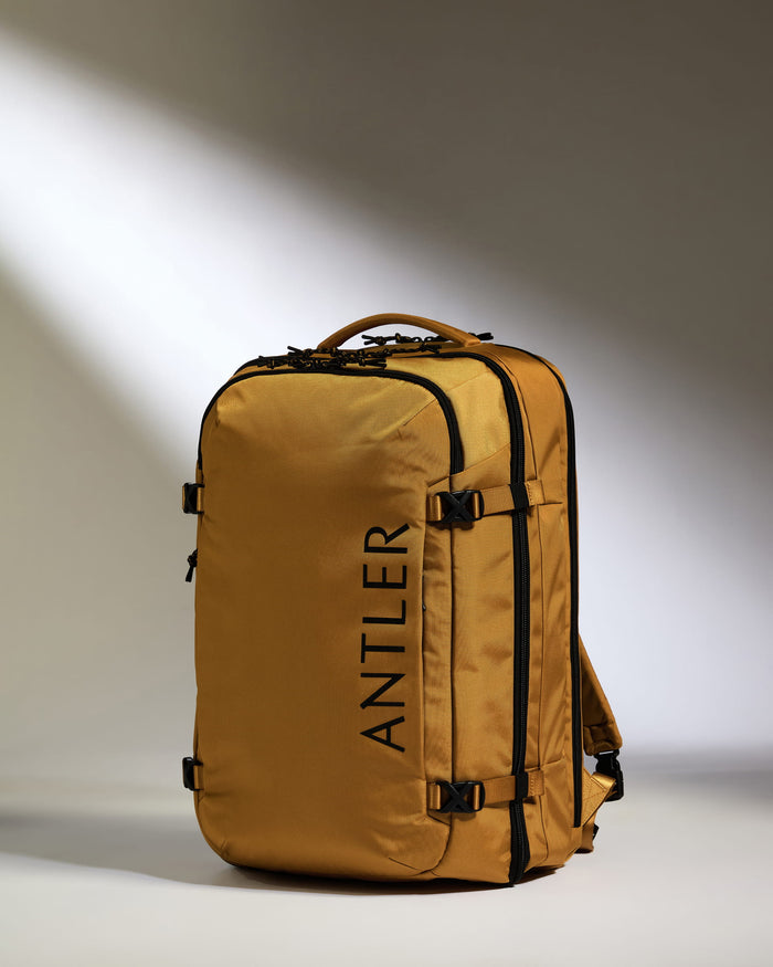 a yellow backpack with black straps