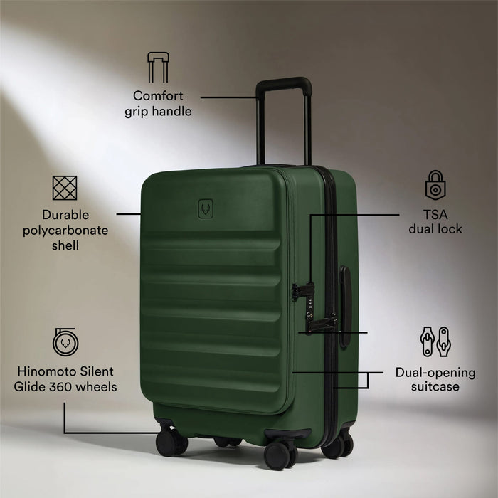 a green suitcase with black wheels