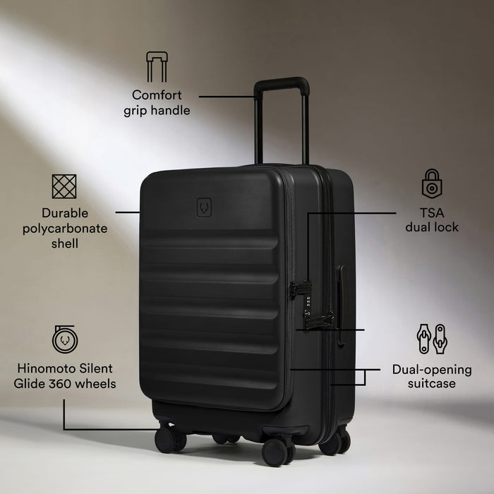 a black suitcase with text on it