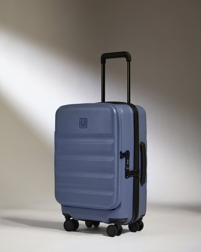 a blue suitcase with wheels
