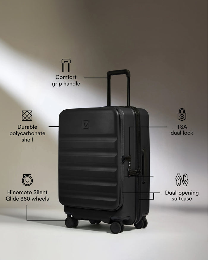 a black suitcase with text on it