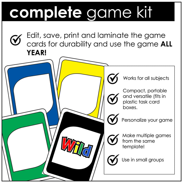Editable UNO Style Card Game - Use with ANY SUBJECT | Edit Text Boxes - Hot Chocolate Teachables