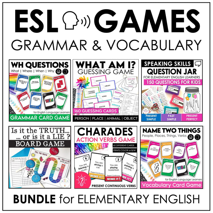 ESL Games Bundle Elementary Grammar and Vocabulary Building Activities - Hot Chocolate Teachables