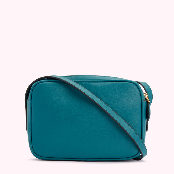 Teal leather crossbody bag.
