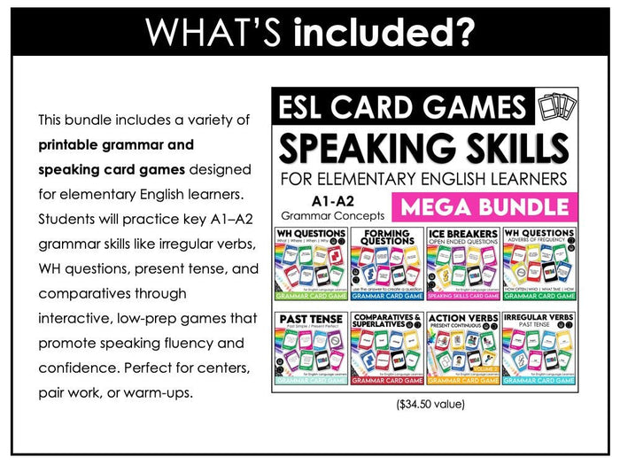 English Essentials Biggest Bundle: ESL Grammar, Conversation, Vocabulary ELA Games & Activities - Hot Chocolate Teachables